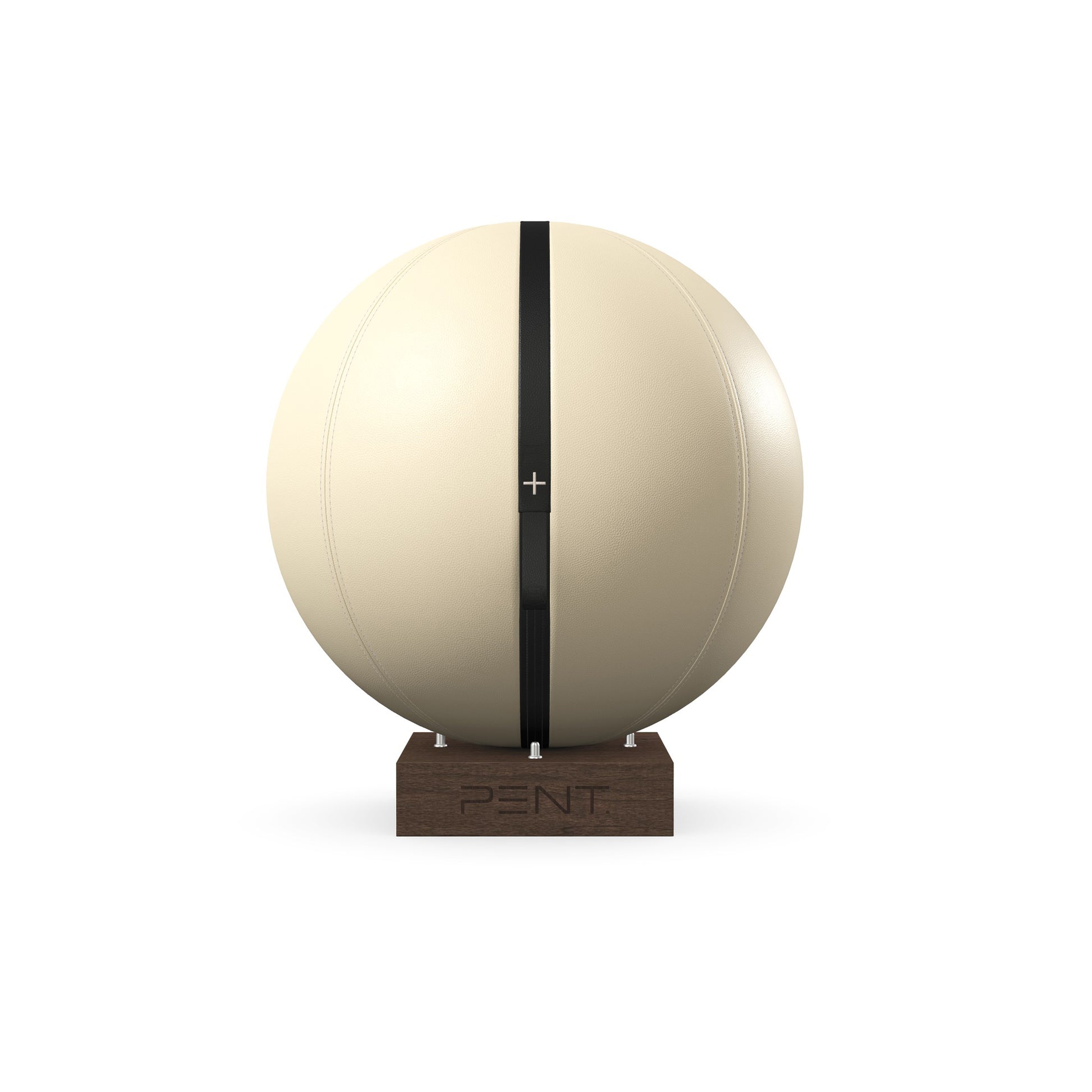 Luxury fitness equipment, fitness ball wrapped in luxurious leather and paired with a compact wooden stand. Customize in beige base leather, black accent leather and dark walnut wood. PENT. MESNA