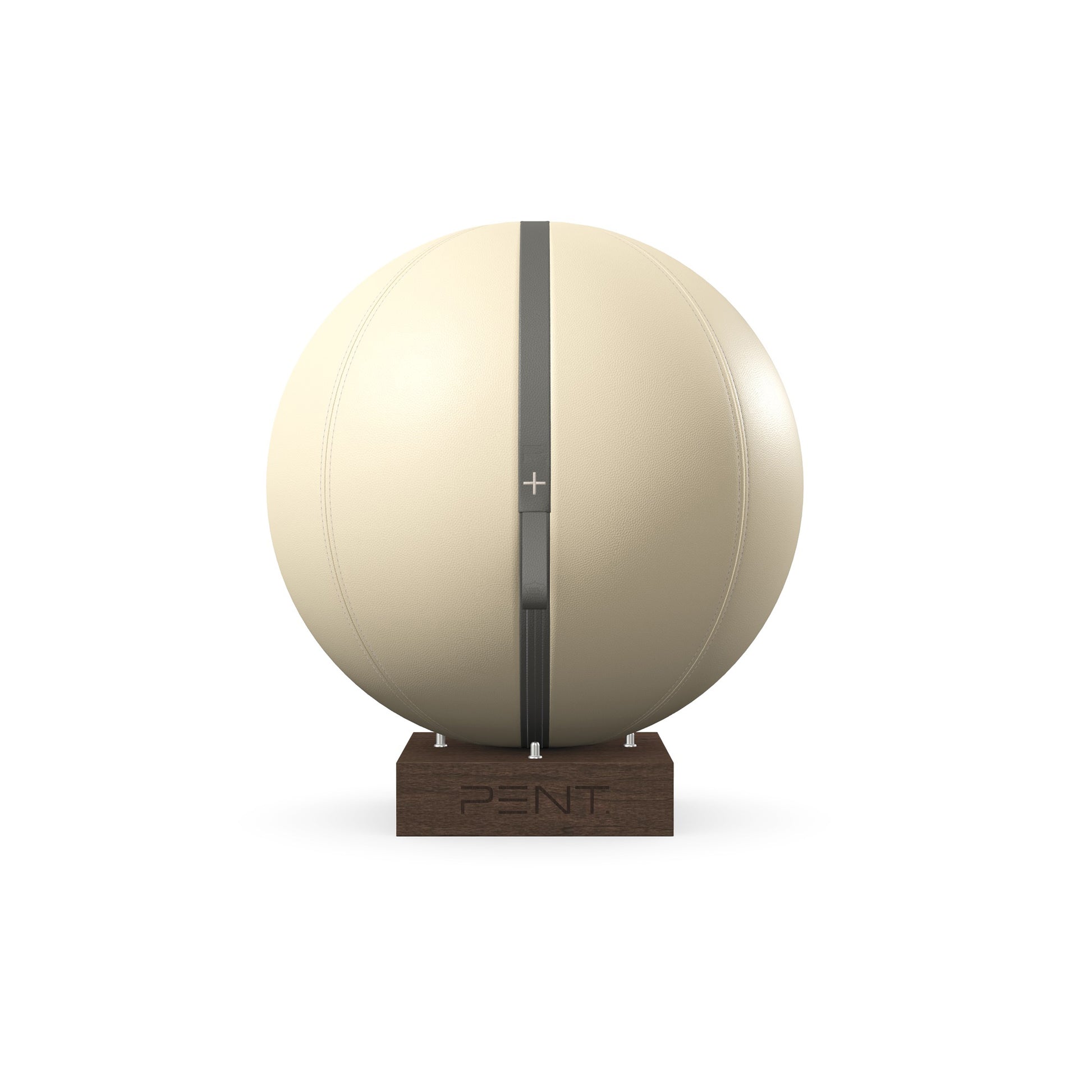 Luxury fitness equipment, fitness ball wrapped in luxurious leather and paired with a compact wooden stand. Customize in beige base leather, grey accent leather and dark walnut wood. PENT. MESNA