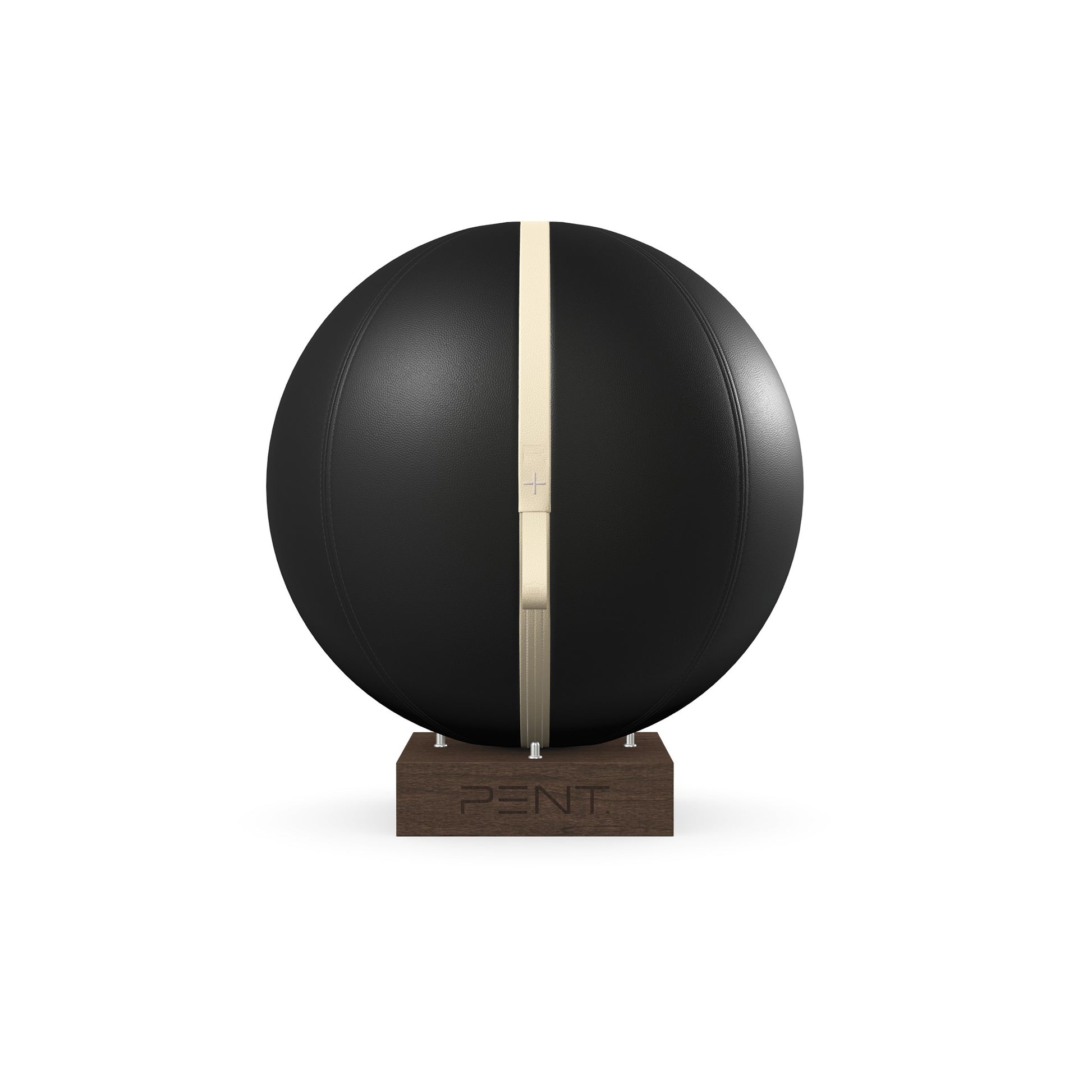 Luxury fitness equipment, fitness ball wrapped in luxurious leather and paired with a compact wooden stand. Customize in black base leather, beige accent leather and dark walnut wood. PENT. MESNA