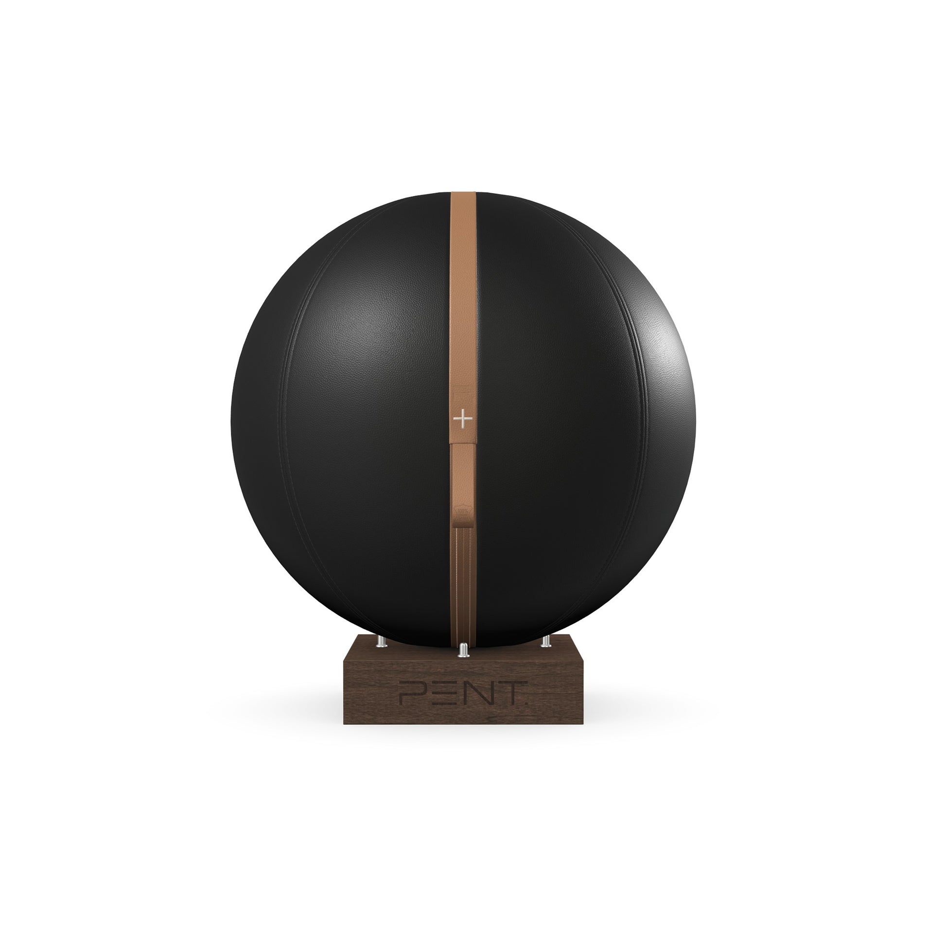 Luxury fitness equipment, fitness ball wrapped in luxurious leather and paired with a compact wooden stand. Customize in black base leather, brown accent leather and dark walnut wood. PENT. MESNA