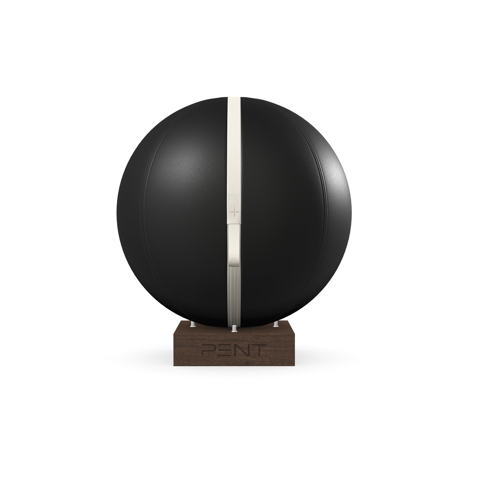 Luxury fitness equipment, fitness ball wrapped in luxurious leather and paired with a compact wooden stand. Customize in black base leather, white accent leather and dark walnut wood. PENT. MESNA