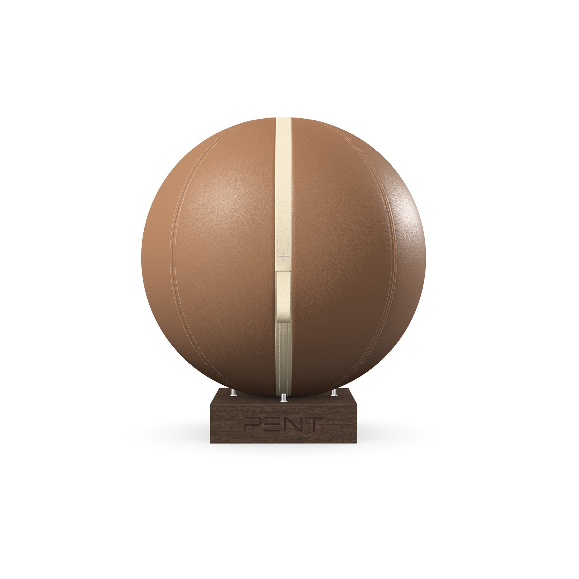 Luxury fitness equipment, fitness ball wrapped in luxurious leather and paired with a compact wooden stand. Customize in brown base leather, beige accent leather and dark walnut wood. PENT. MESNA