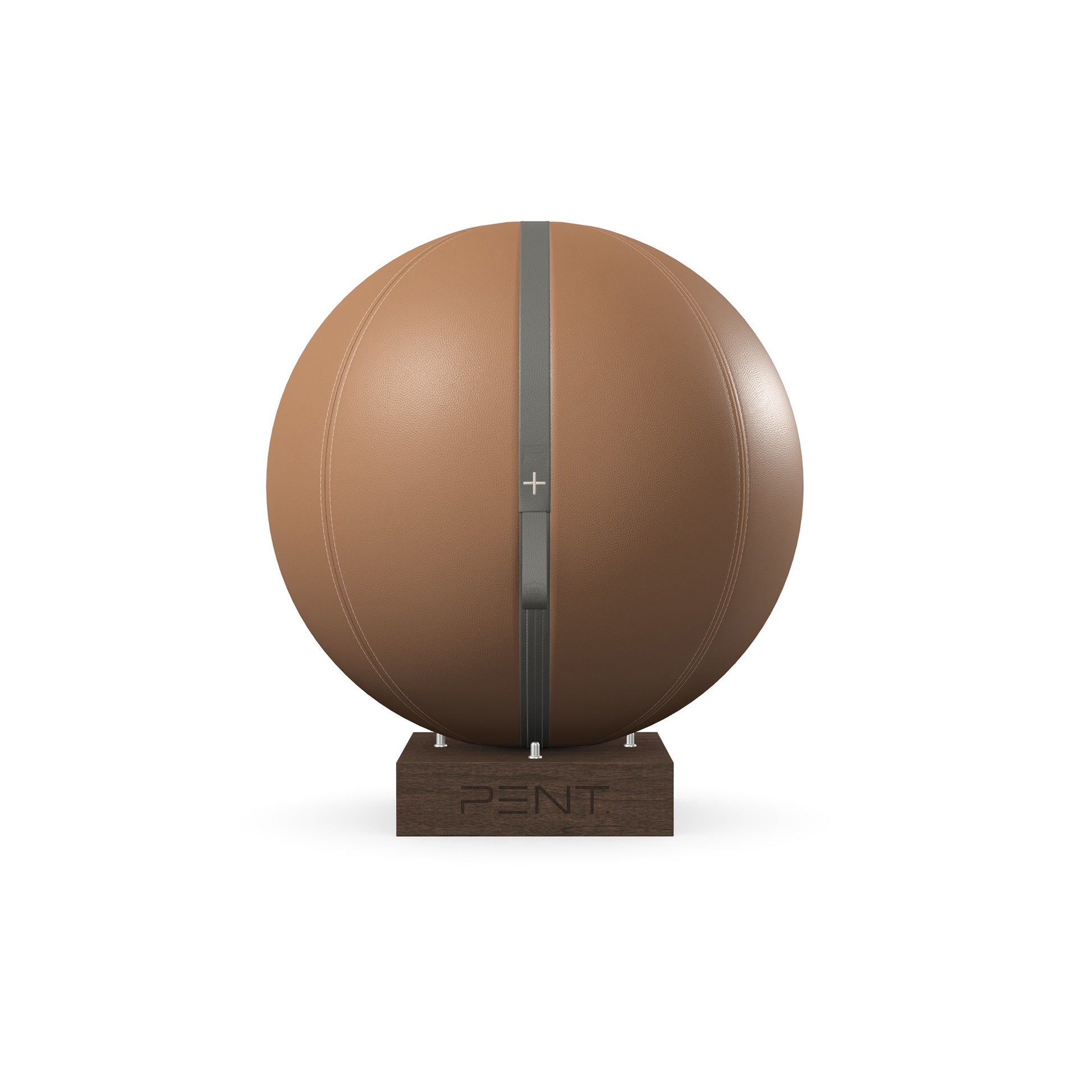 Luxury fitness equipment, fitness ball wrapped in luxurious leather and paired with a compact wooden stand. Customize in brown base leather, grey accent leather and dark walnut wood. PENT. MESNA