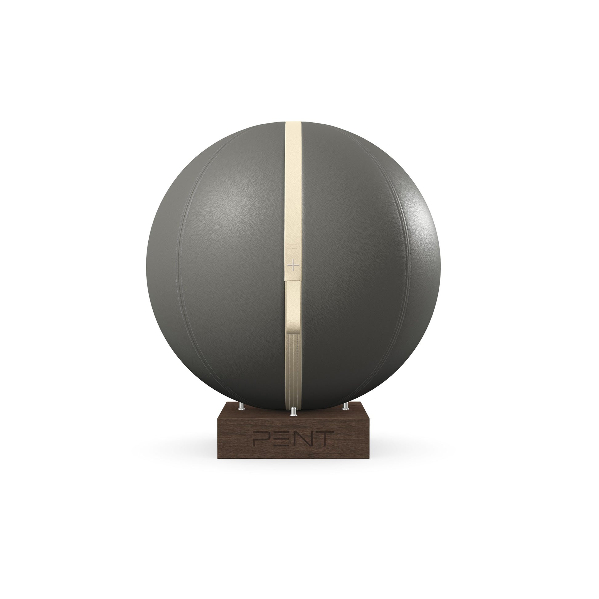 Luxury fitness equipment, fitness ball wrapped in luxurious leather and paired with a compact wooden stand. Customize in grey base leather, beige accent leather and dark walnut wood. PENT. MESNA