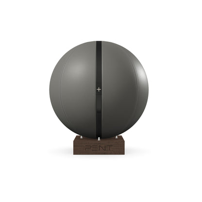 Luxury fitness equipment, fitness ball wrapped in luxurious leather and paired with a compact wooden stand. Customize in grey base leather, black accent leather and dark walnut wood. PENT. MESNA