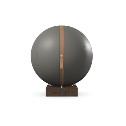 Luxury fitness equipment, fitness ball wrapped in luxurious leather and paired with a compact wooden stand. Customize in grey base leather, brown accent leather and dark walnut wood. PENT. MESNA