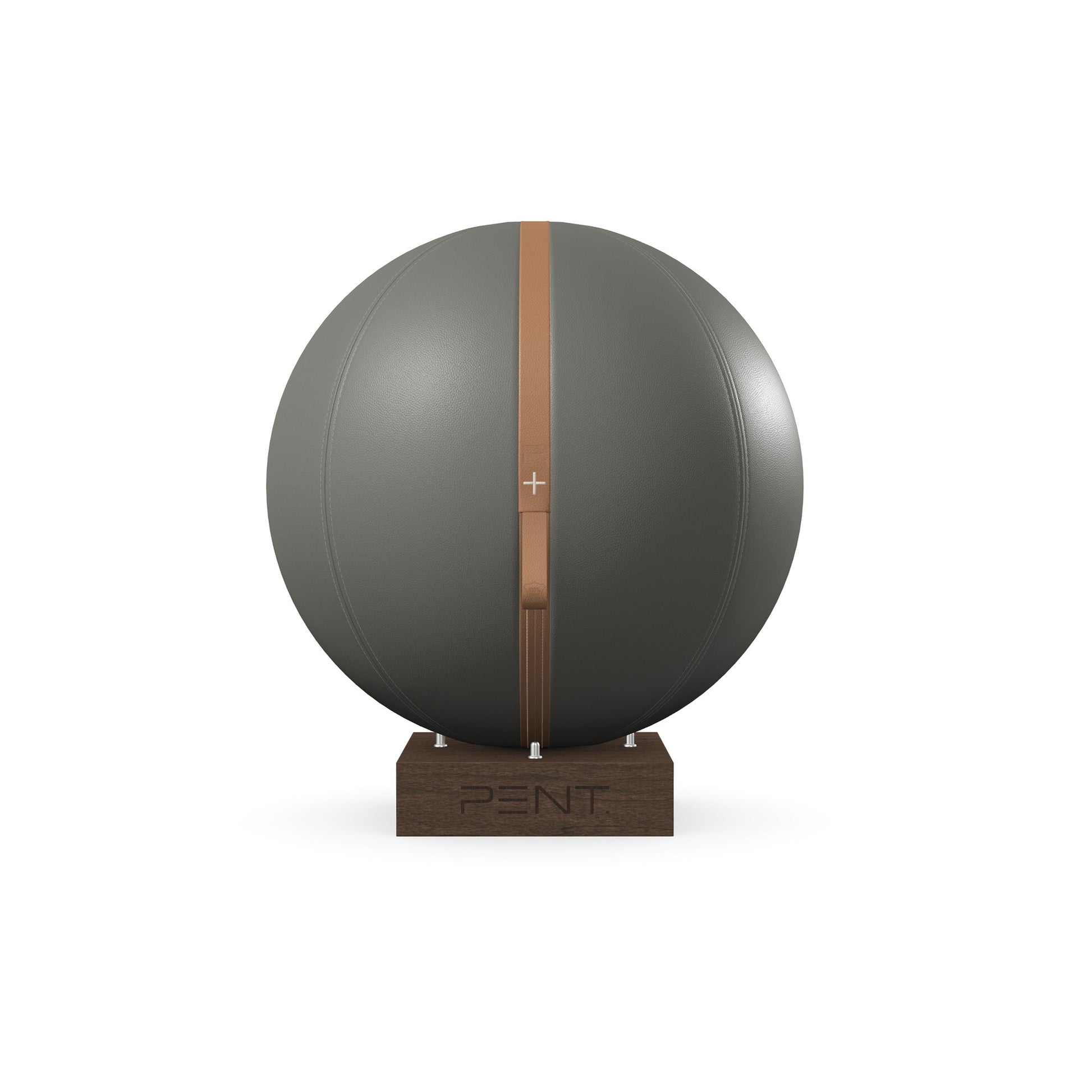 Luxury fitness equipment, fitness ball wrapped in luxurious leather and paired with a compact wooden stand. Customize in grey base leather, brown accent leather and dark walnut wood. PENT. MESNA