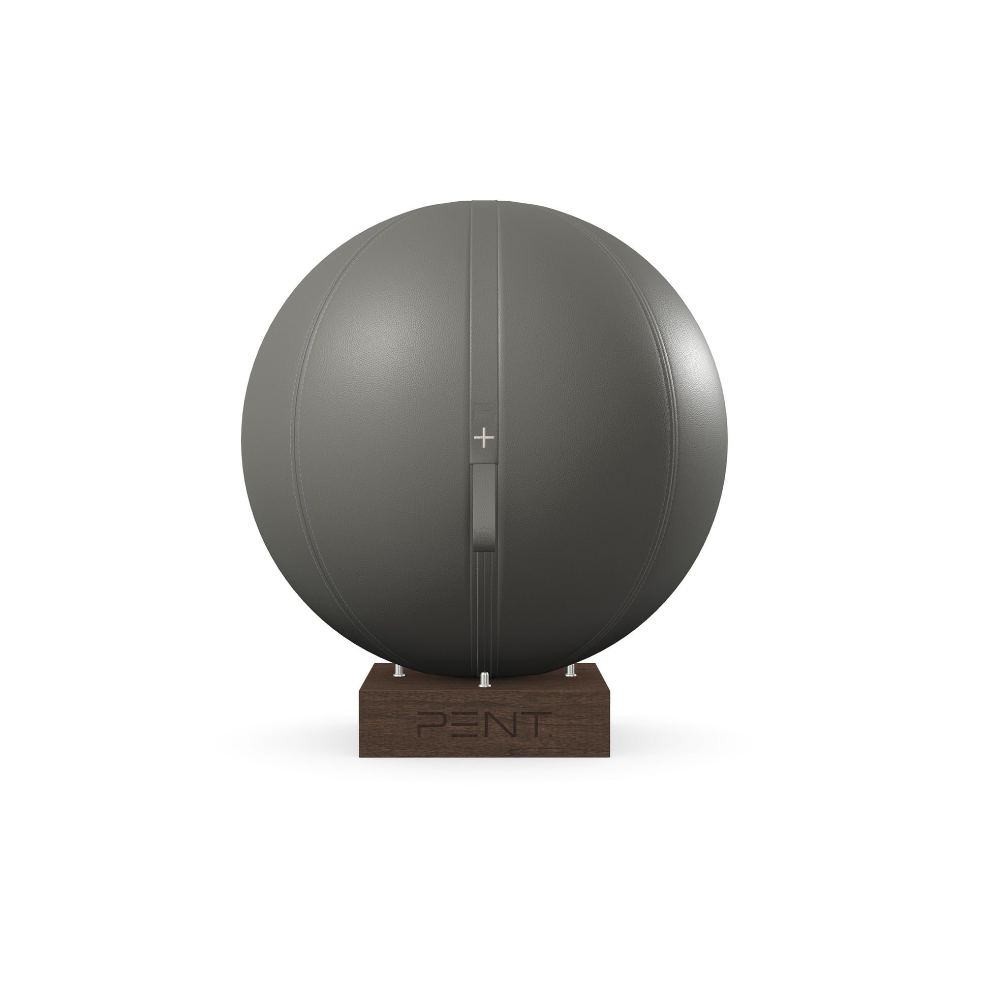 Luxury fitness equipment, fitness ball wrapped in luxurious leather and paired with a compact wooden stand. Customize in grey base leather, grey accent leather and dark walnut wood. PENT. MESNA