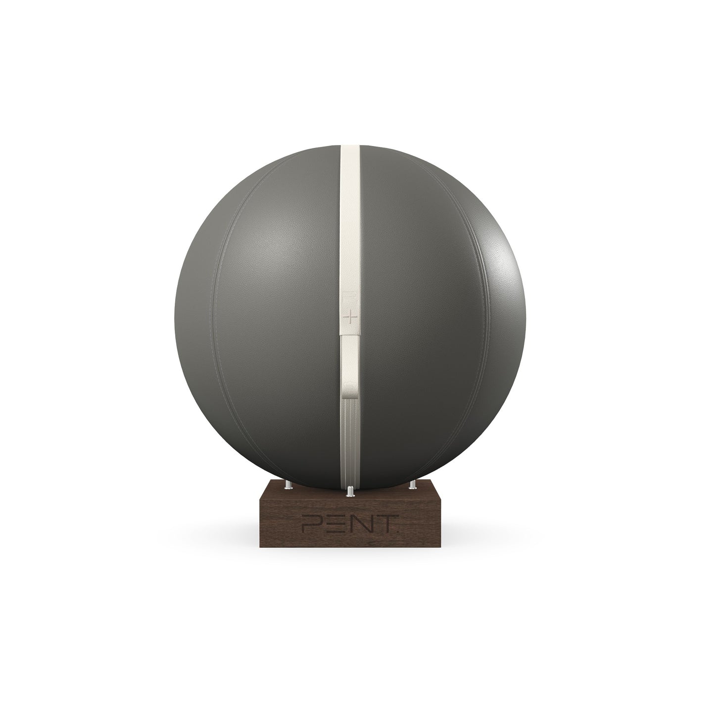 Luxury fitness equipment, fitness ball wrapped in luxurious leather and paired with a compact wooden stand. Customize in grey base leather, white accent leather and dark walnut wood. PENT. MESNA