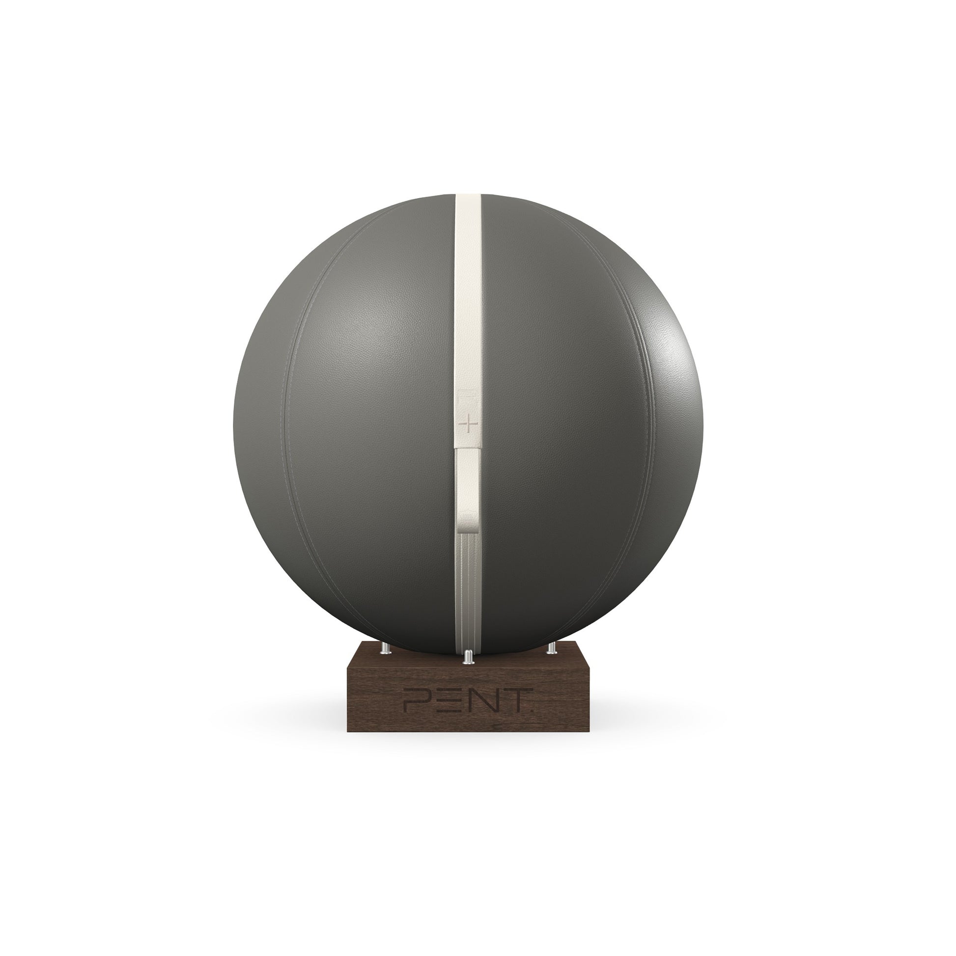 Luxury fitness equipment, fitness ball wrapped in luxurious leather and paired with a compact wooden stand. Customize in grey base leather, white accent leather and dark walnut wood. PENT. MESNA