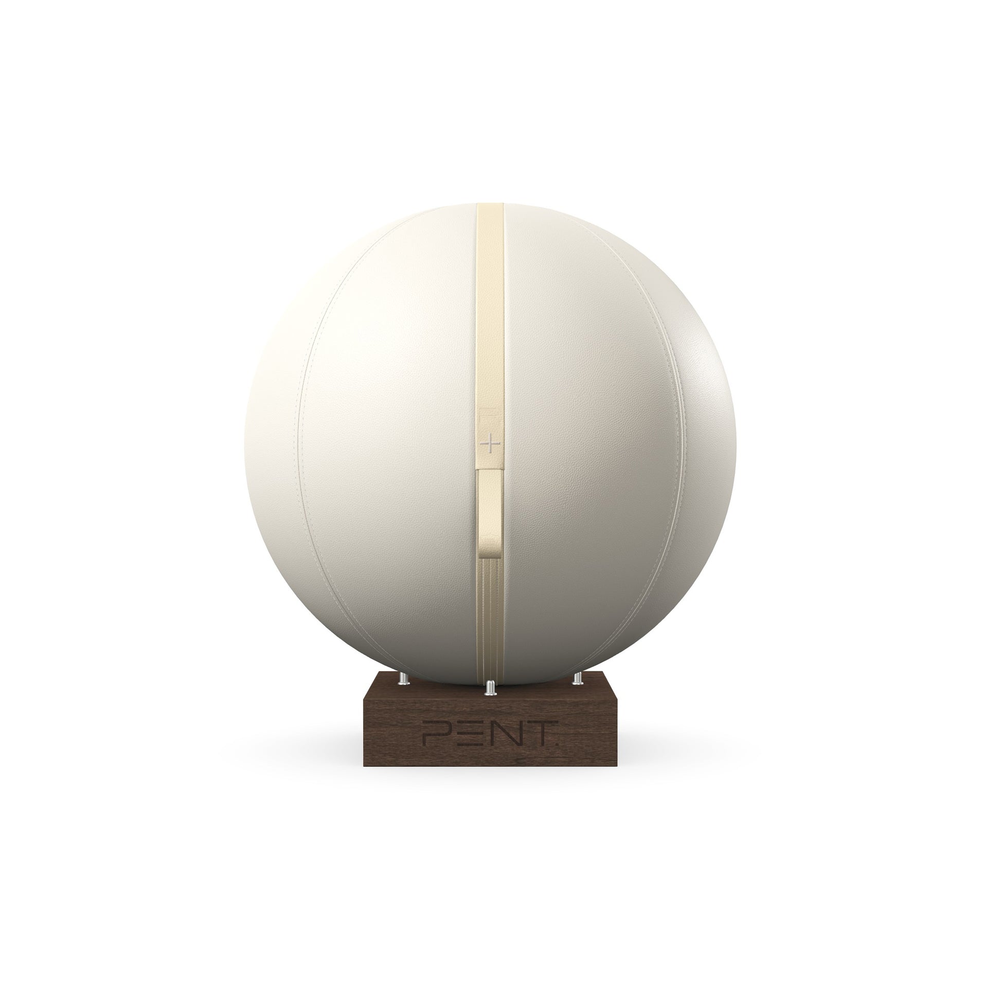 Luxury fitness equipment, fitness ball wrapped in luxurious leather and paired with a compact wooden stand. Customize in white base leather, beige accent leather and dark walnut wood. PENT. MESNA