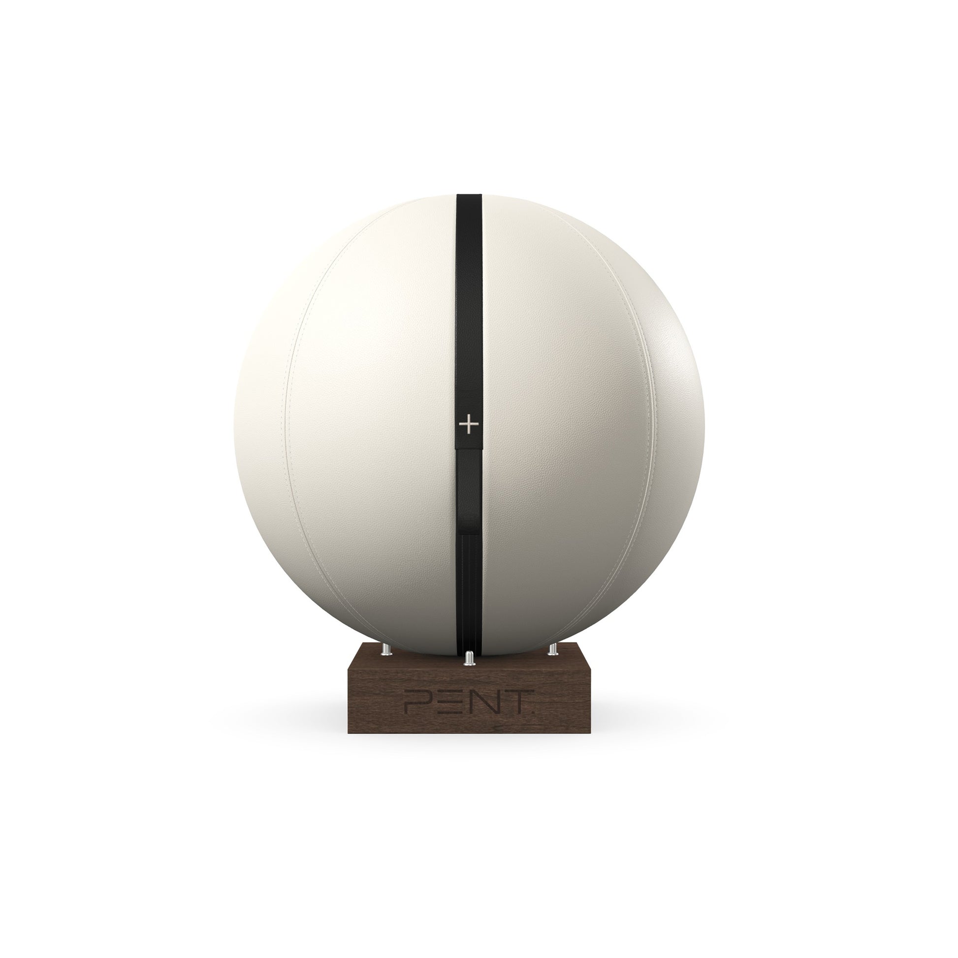 Luxury fitness equipment, fitness ball wrapped in luxurious leather and paired with a compact wooden stand. Customize in white base leather, black accent leather and dark walnut wood. PENT. MESNA