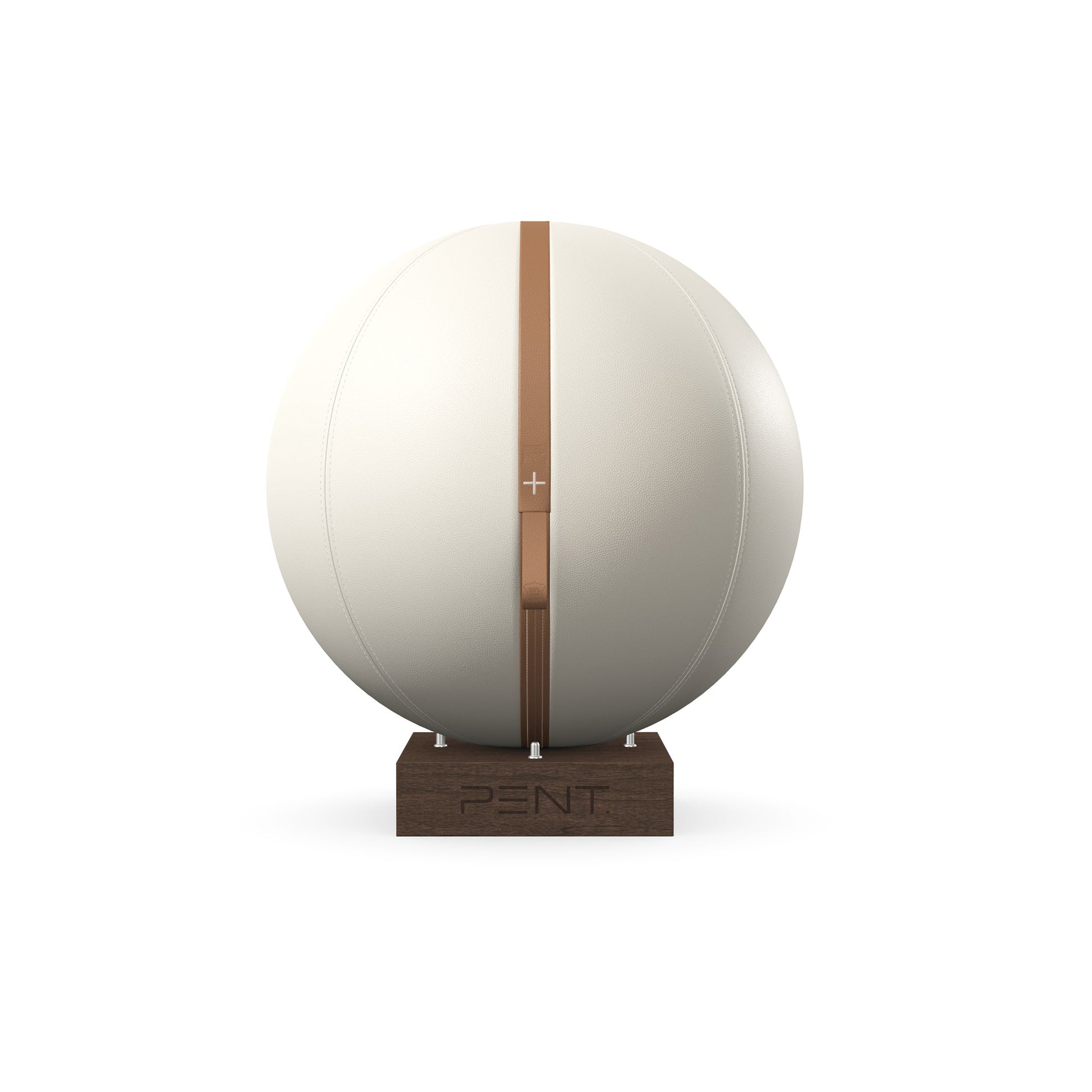 Luxury fitness equipment, fitness ball wrapped in luxurious leather and paired with a compact wooden stand. Customize in white base leather, brown accent leather and dark walnut wood. PENT. MESNA