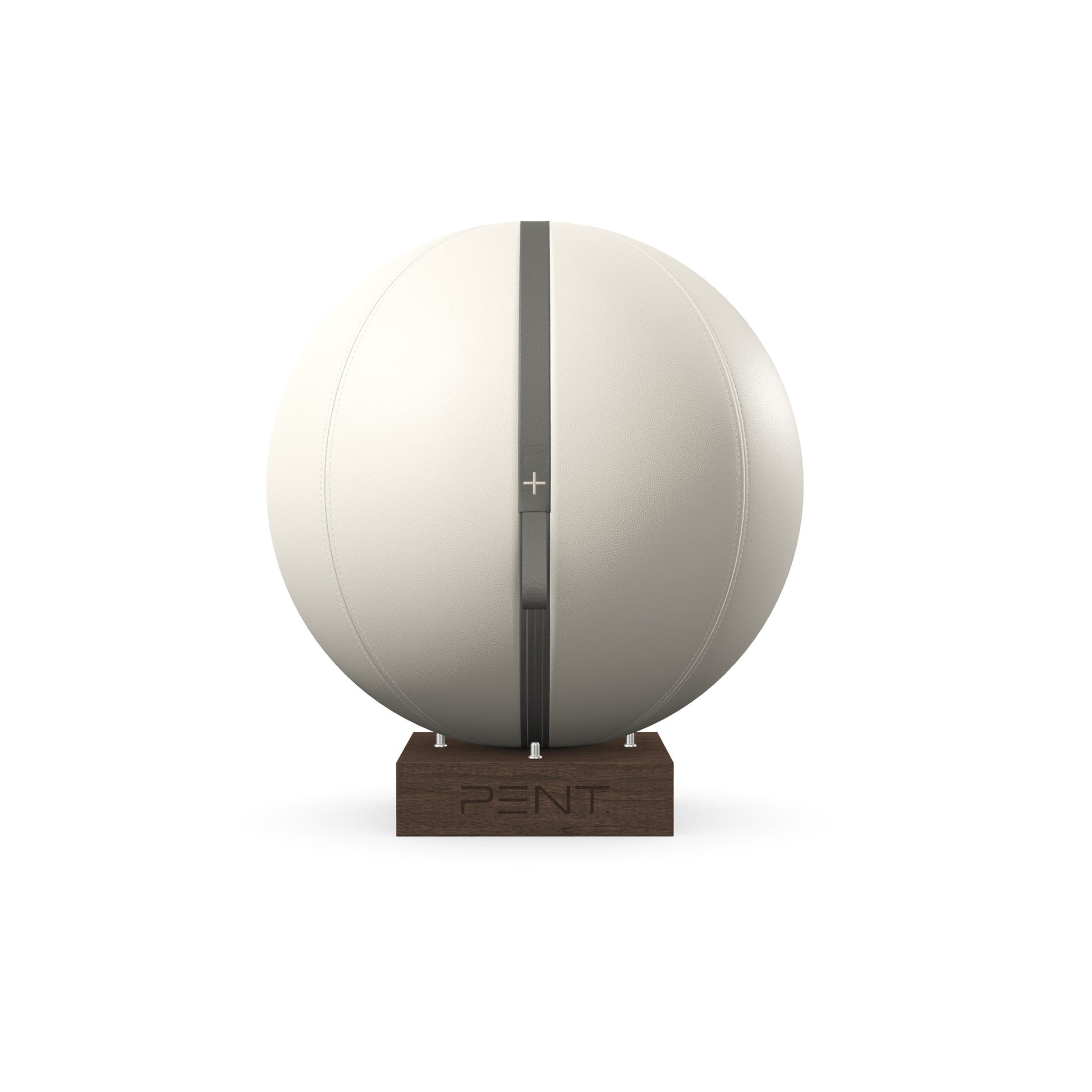 Luxury fitness equipment, fitness ball wrapped in luxurious leather and paired with a compact wooden stand. Customize in white base leather, grey accent leather and dark walnut wood. PENT. MESNA