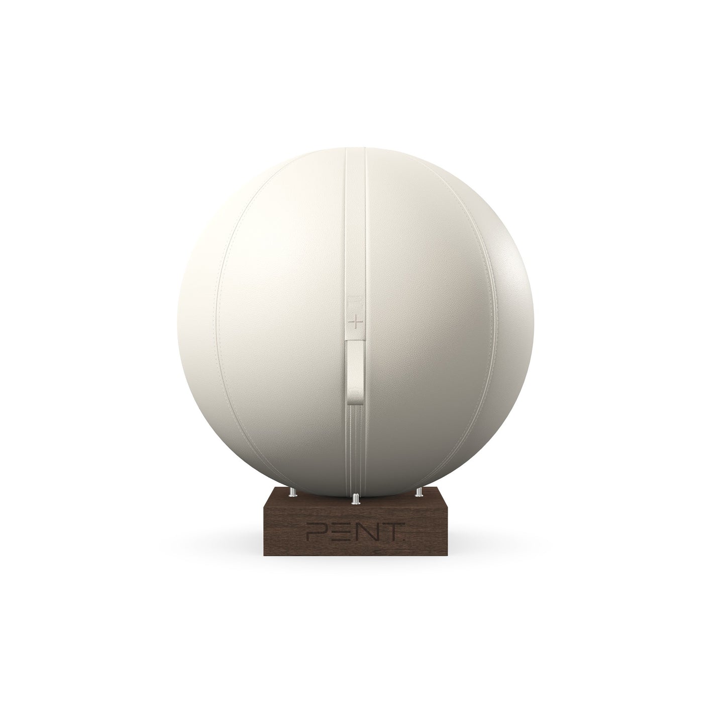 Luxury fitness equipment, fitness ball wrapped in luxurious leather and paired with a compact wooden stand. Customize in white base leather, white accent leather and dark walnut wood. PENT. MESNA