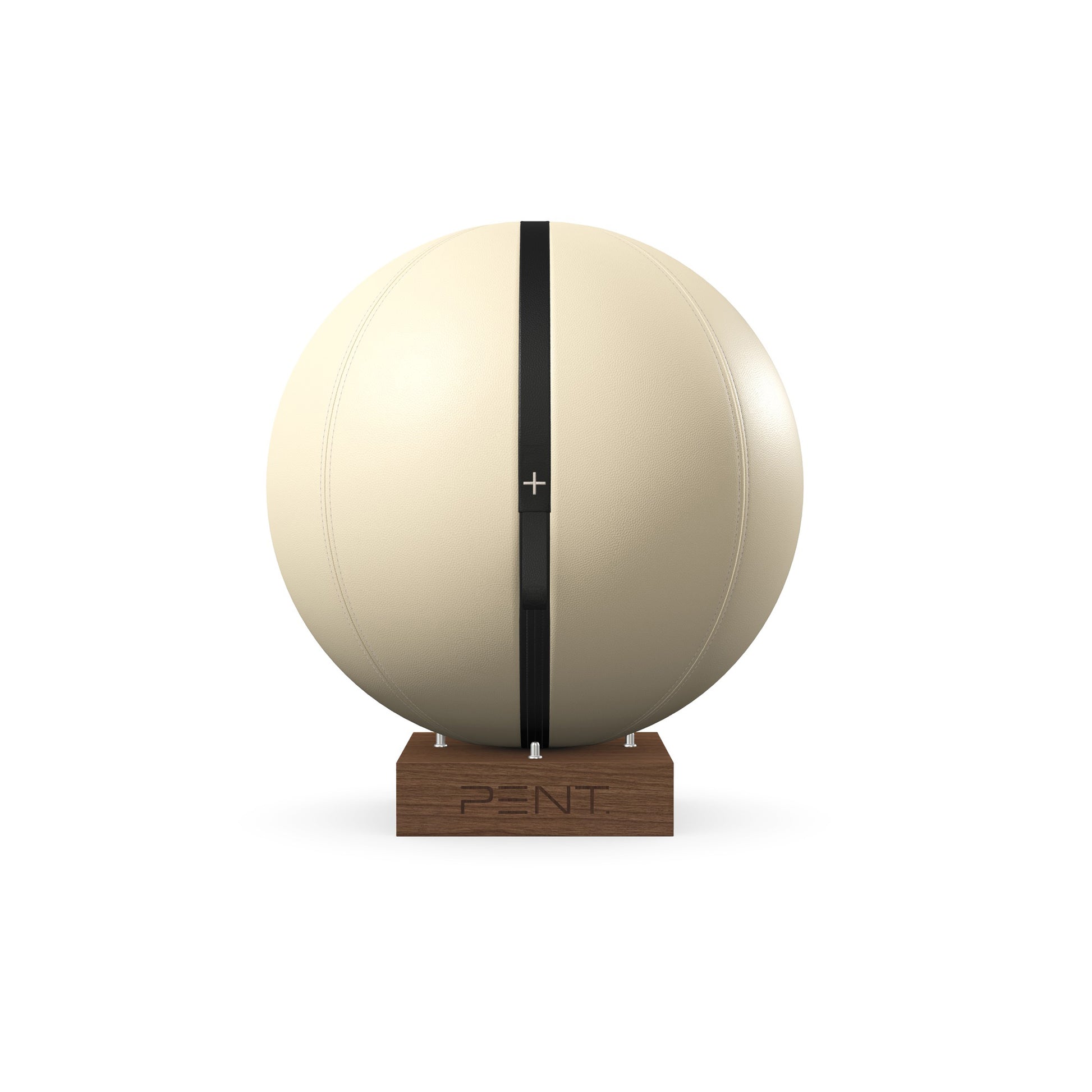 Luxury fitness equipment, fitness ball wrapped in luxurious leather and paired with a compact wooden stand. Customize in beige base leather, black accent leather and natural walnut wood. PENT. MESNA