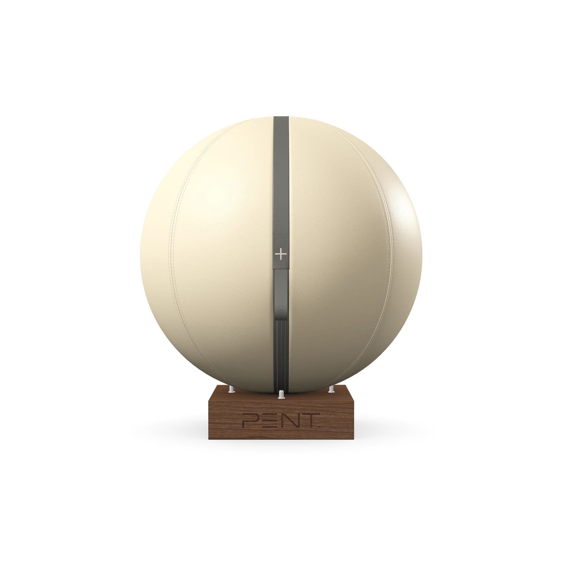 Luxury fitness equipment, fitness ball wrapped in luxurious leather and paired with a compact wooden stand. Customize in beige base leather, grey accent leather and natural walnut wood. PENT. MESNA