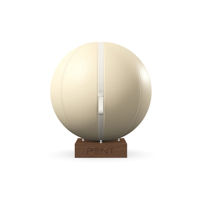 Luxury fitness equipment, fitness ball wrapped in luxurious leather and paired with a compact wooden stand. Customize in beige base leather, white accent leather and natural walnut wood. PENT. MESNA