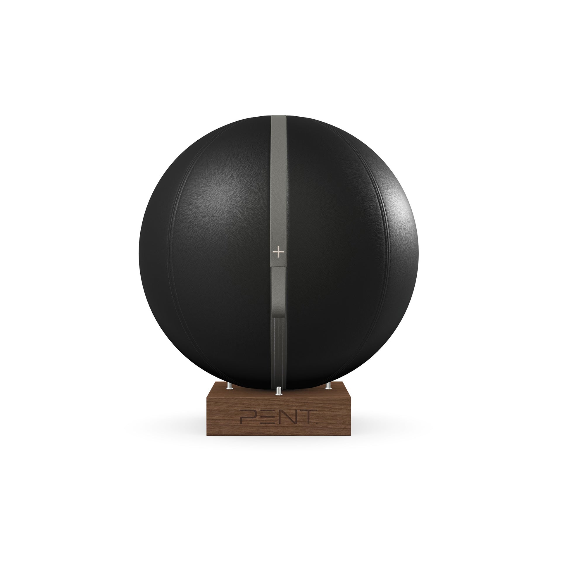 Luxury fitness equipment, fitness ball wrapped in luxurious leather and paired with a compact wooden stand. Customize in black base leather, grey accent leather and natural walnut wood. PENT. MESNA