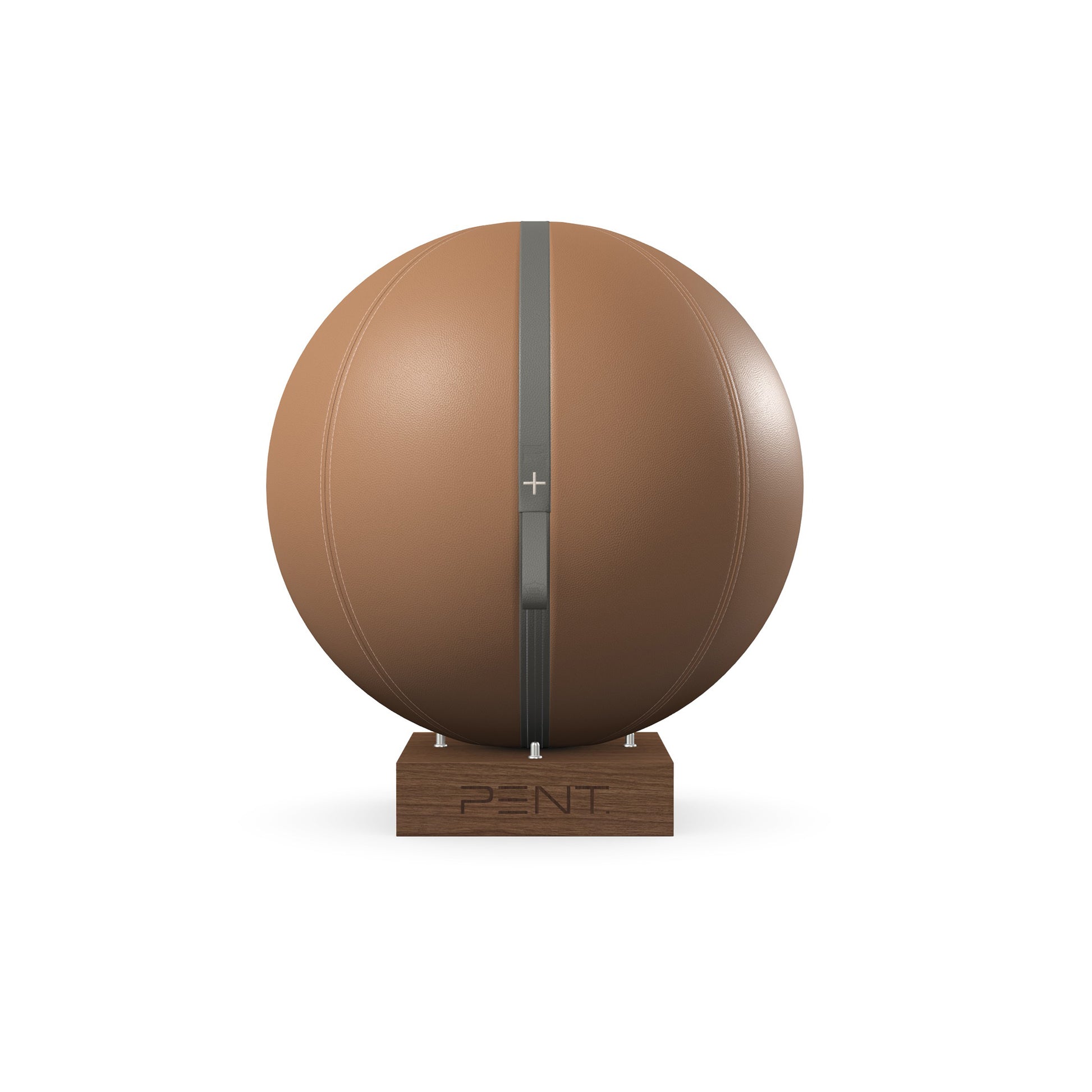 Luxury fitness equipment, fitness ball wrapped in luxurious leather and paired with a compact wooden stand. Customize in brown base leather, grey accent leather and natural walnut wood. PENT. MESNA