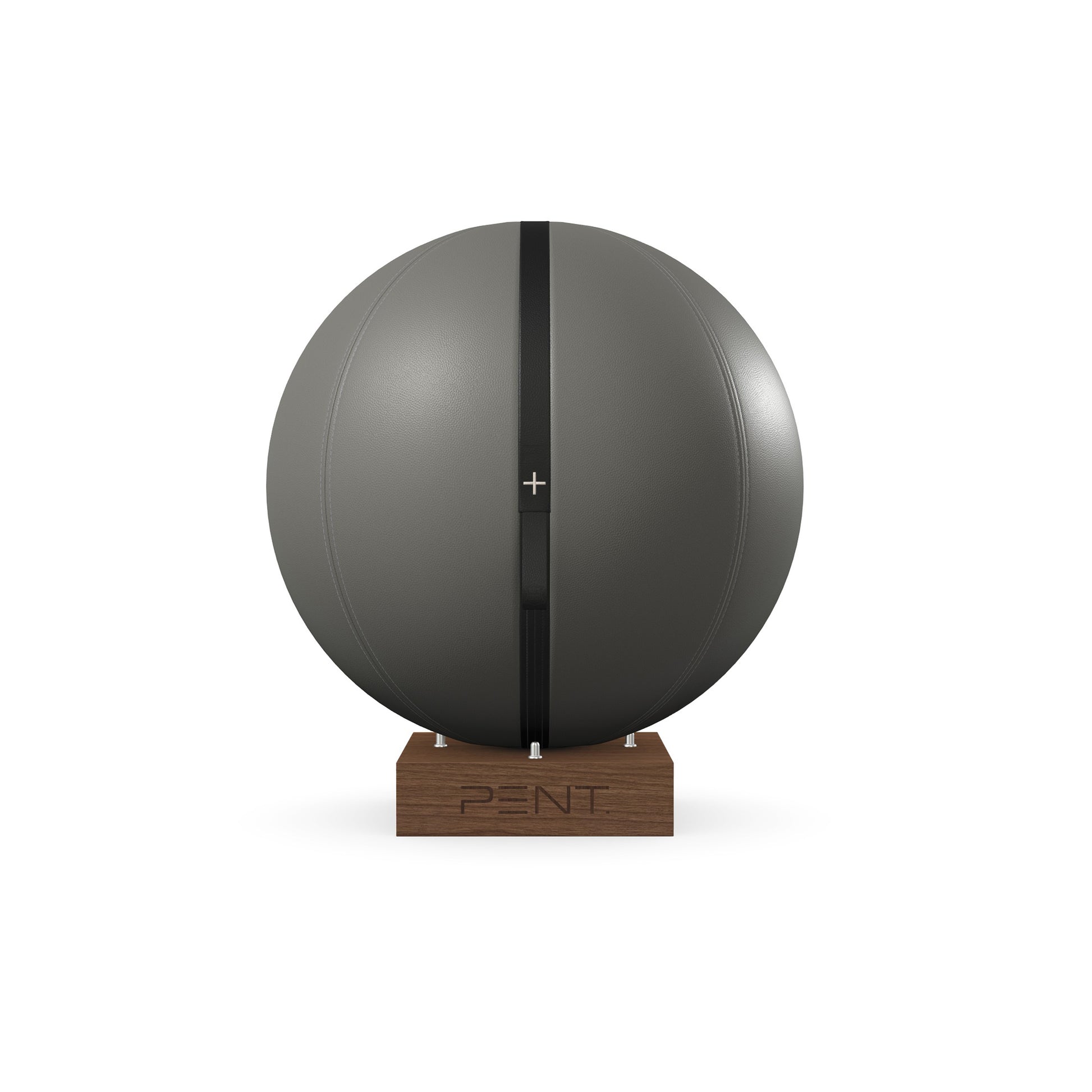 Luxury fitness equipment, fitness ball wrapped in luxurious leather and paired with a compact wooden stand. Customize in grey base leather, black accent leather and natural walnut wood. PENT. MESNA