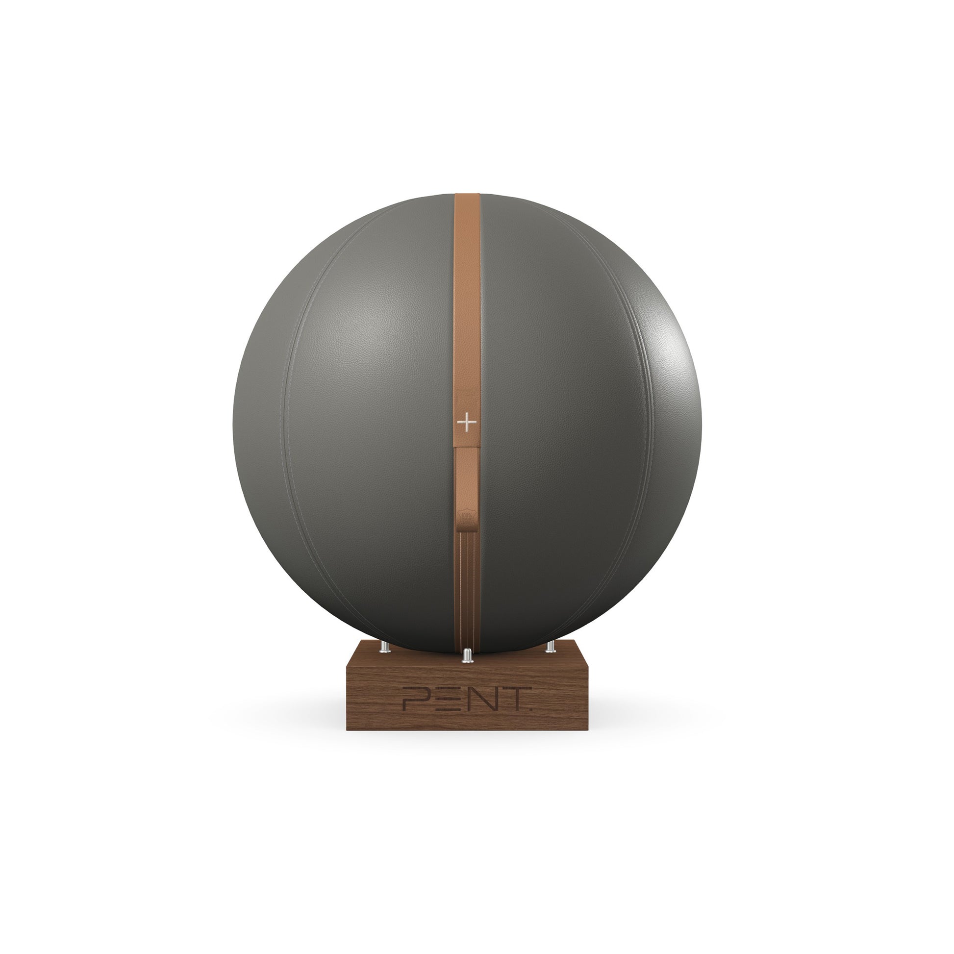 Luxury fitness equipment, fitness ball wrapped in luxurious leather and paired with a compact wooden stand. Customize in grey base leather, brown accent leather and natural walnut wood. PENT. MESNA