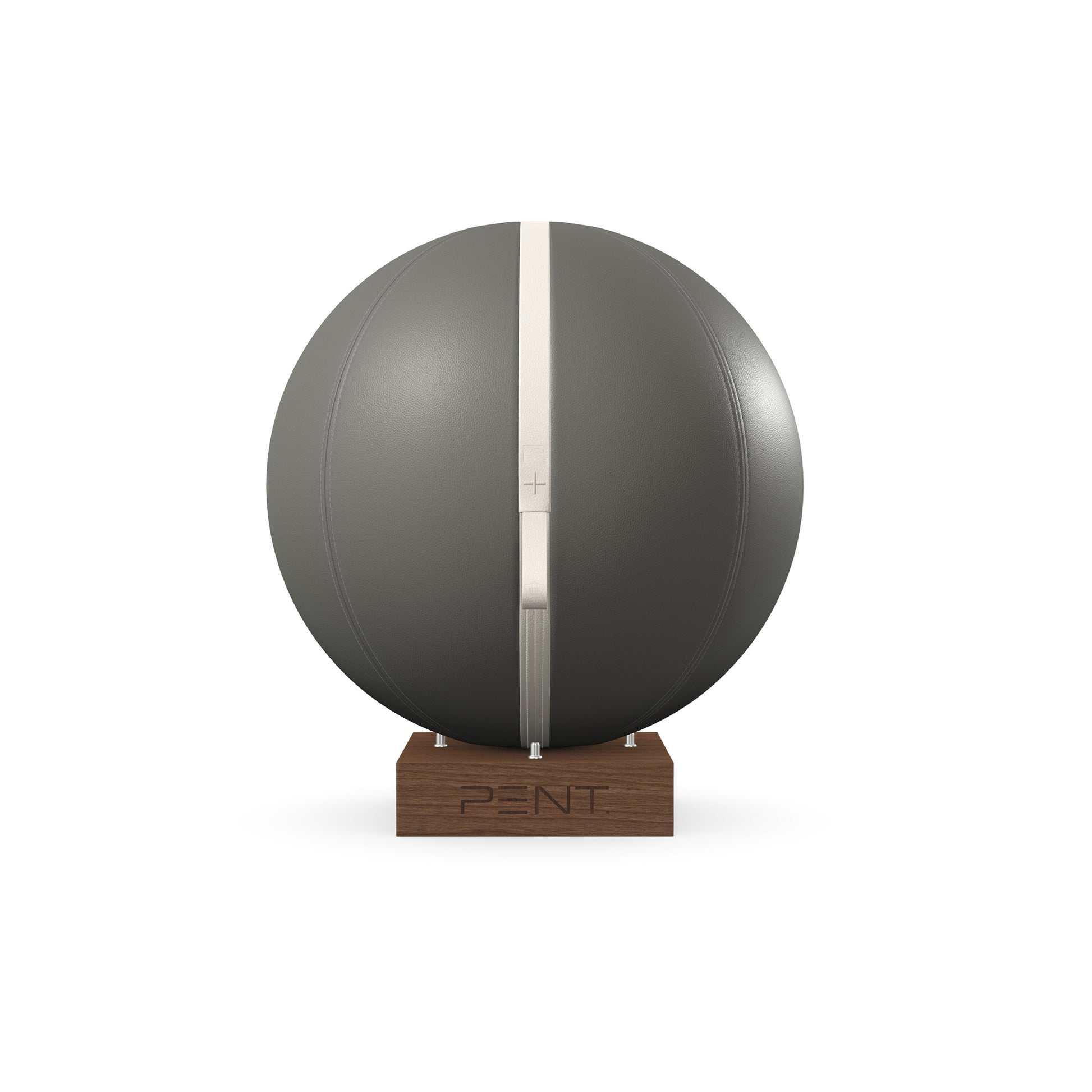 Luxury fitness equipment, fitness ball wrapped in luxurious leather and paired with a compact wooden stand. Customize in grey base leather, white accent leather and natural walnut wood. PENT. MESNA