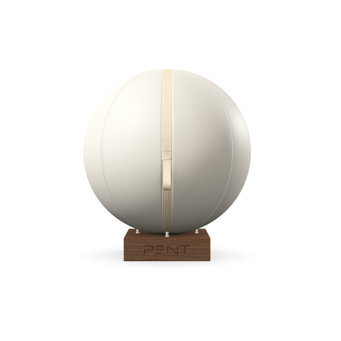 Luxury fitness equipment, fitness ball wrapped in luxurious leather and paired with a compact wooden stand. Customize in white base leather, beige accent leather and natural walnut wood. PENT. MESNA