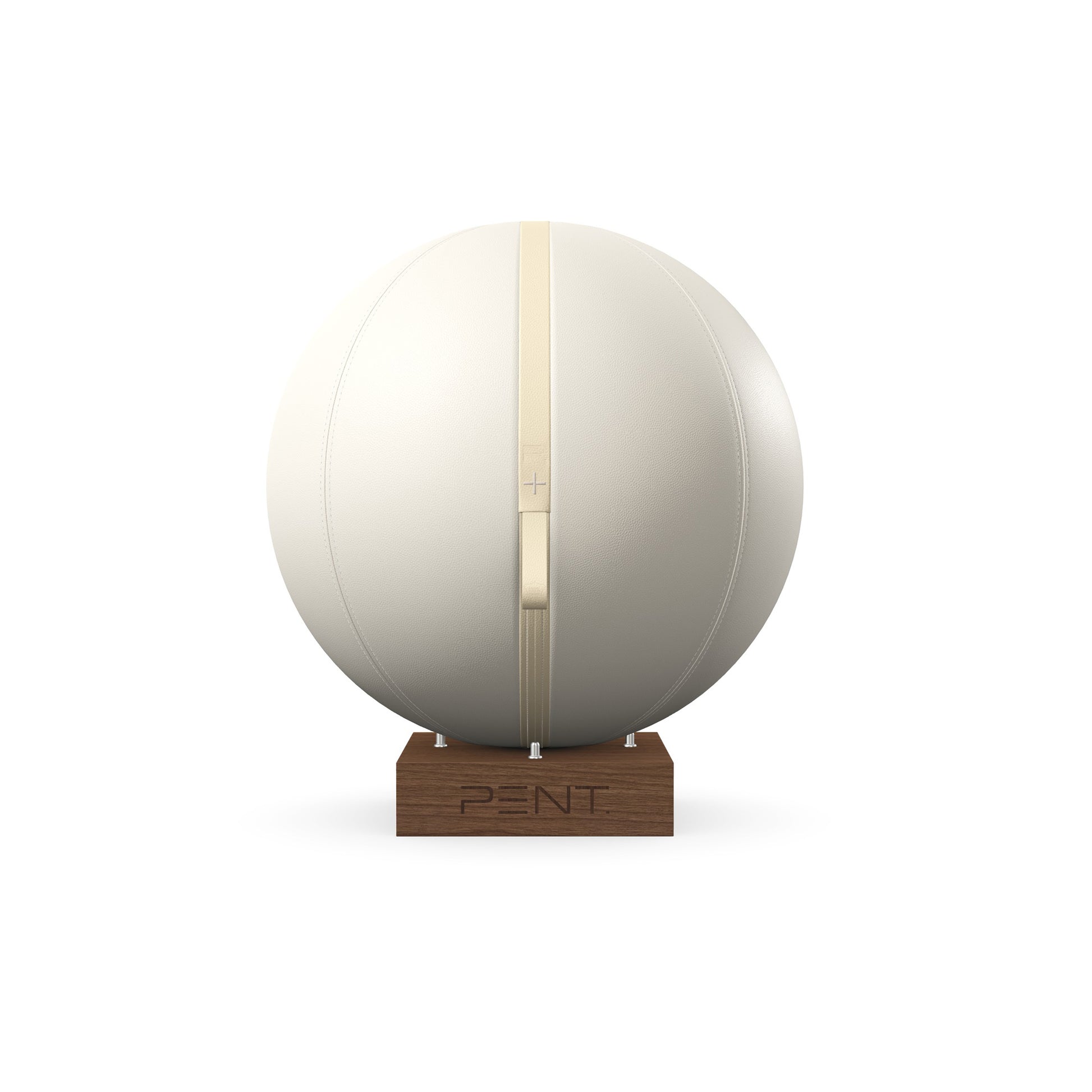 Luxury fitness equipment, fitness ball wrapped in luxurious leather and paired with a compact wooden stand. Customize in white base leather, beige accent leather and natural walnut wood. PENT. MESNA