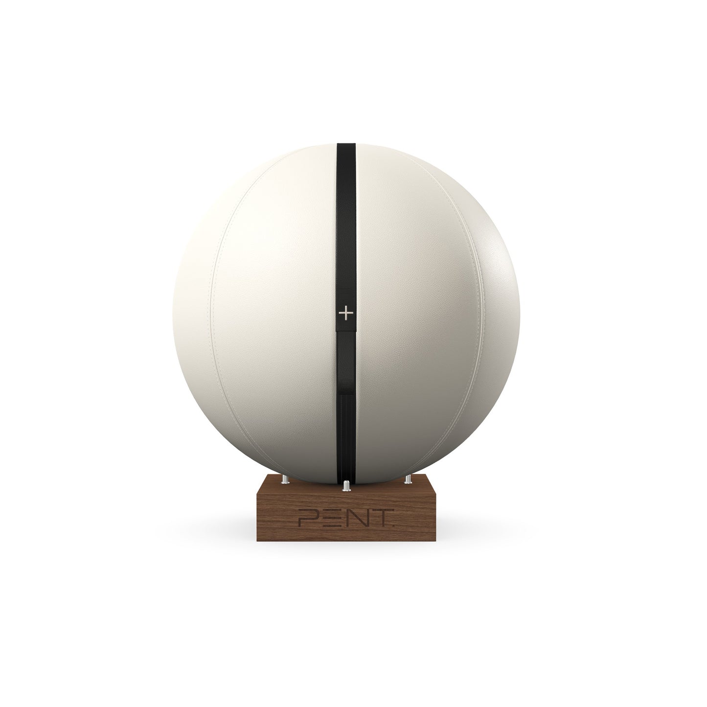 Luxury fitness equipment, fitness ball wrapped in luxurious leather and paired with a compact wooden stand. Customize in white base leather, black accent leather and natural walnut wood. PENT. MESNA