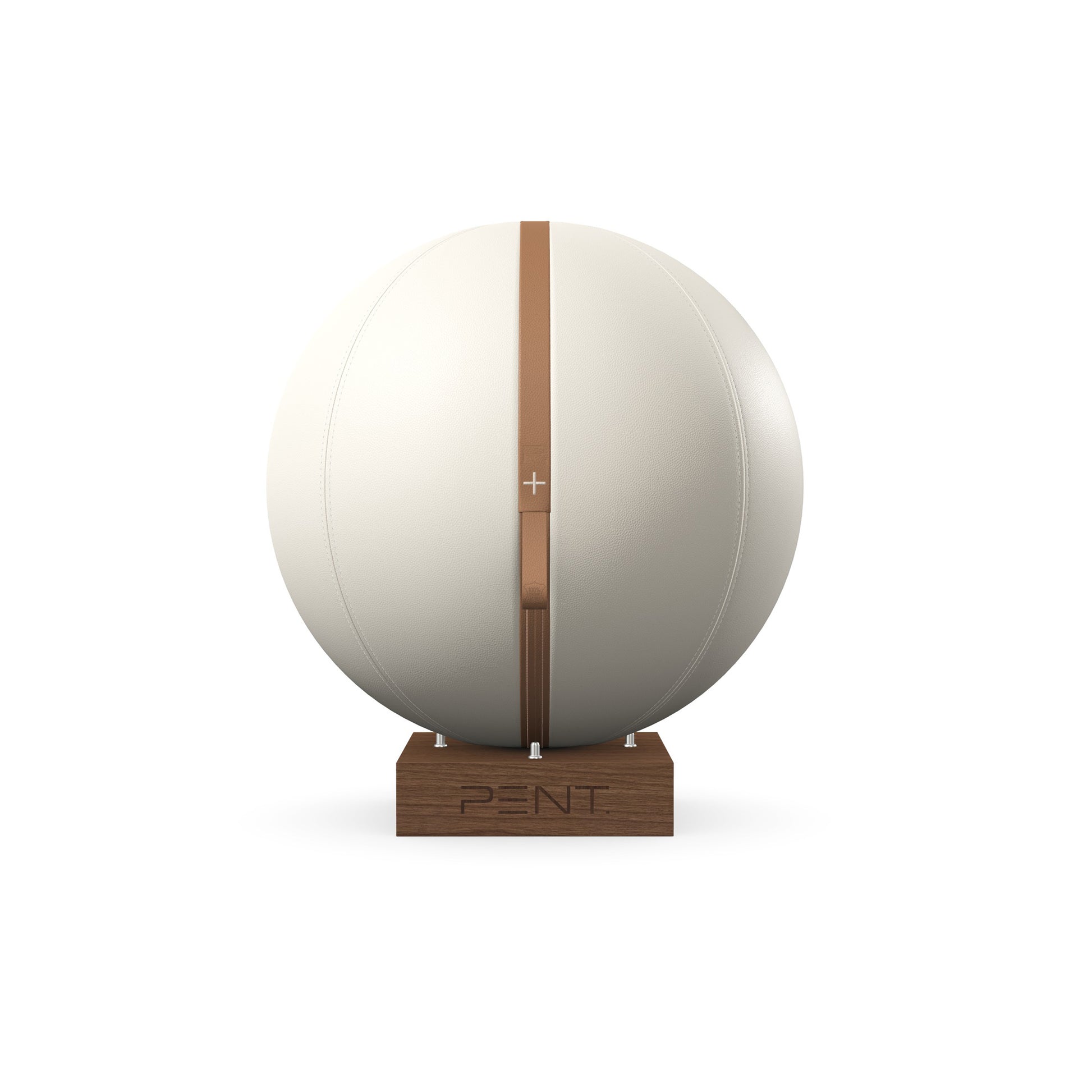 Luxury fitness equipment, fitness ball wrapped in luxurious leather and paired with a compact wooden stand. Customize in white base leather, brown accent leather and natural walnut wood. PENT. MESNA