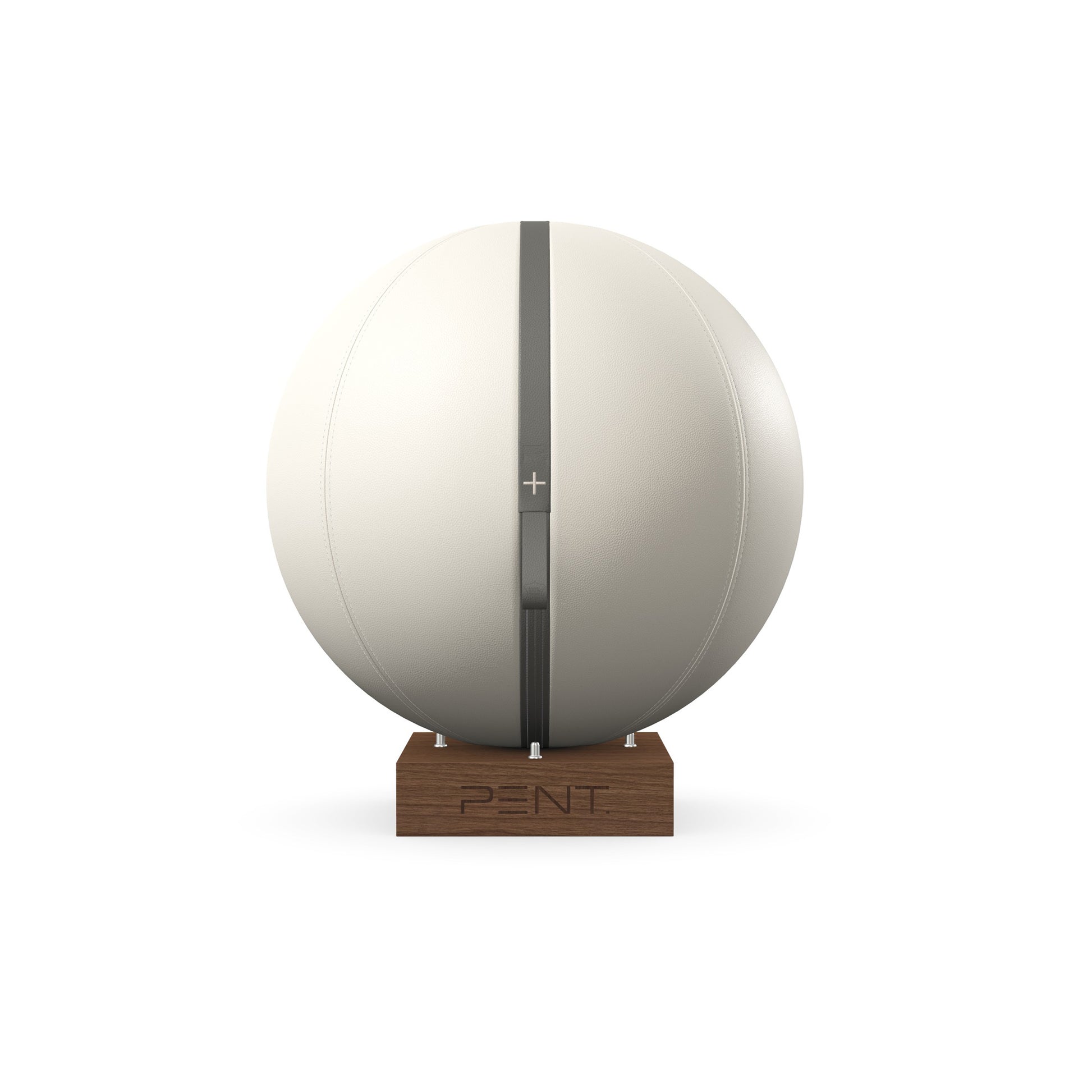 Luxury fitness equipment, fitness ball wrapped in luxurious leather and paired with a compact wooden stand. Customize in white base leather, grey accent leather and natural walnut wood. PENT. MESNA