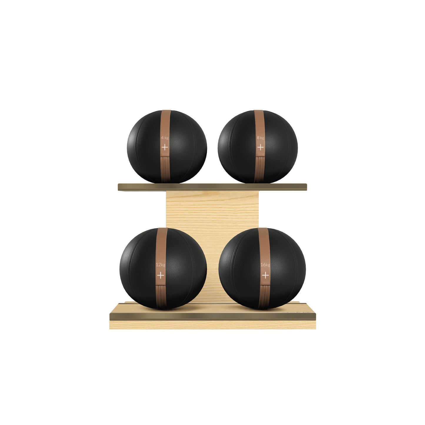 PENT. MOXA Light - in Gold - Set of 4 Medicine Balls on Horizontal Wooden Stand - 4, 8, 12, 16 KG