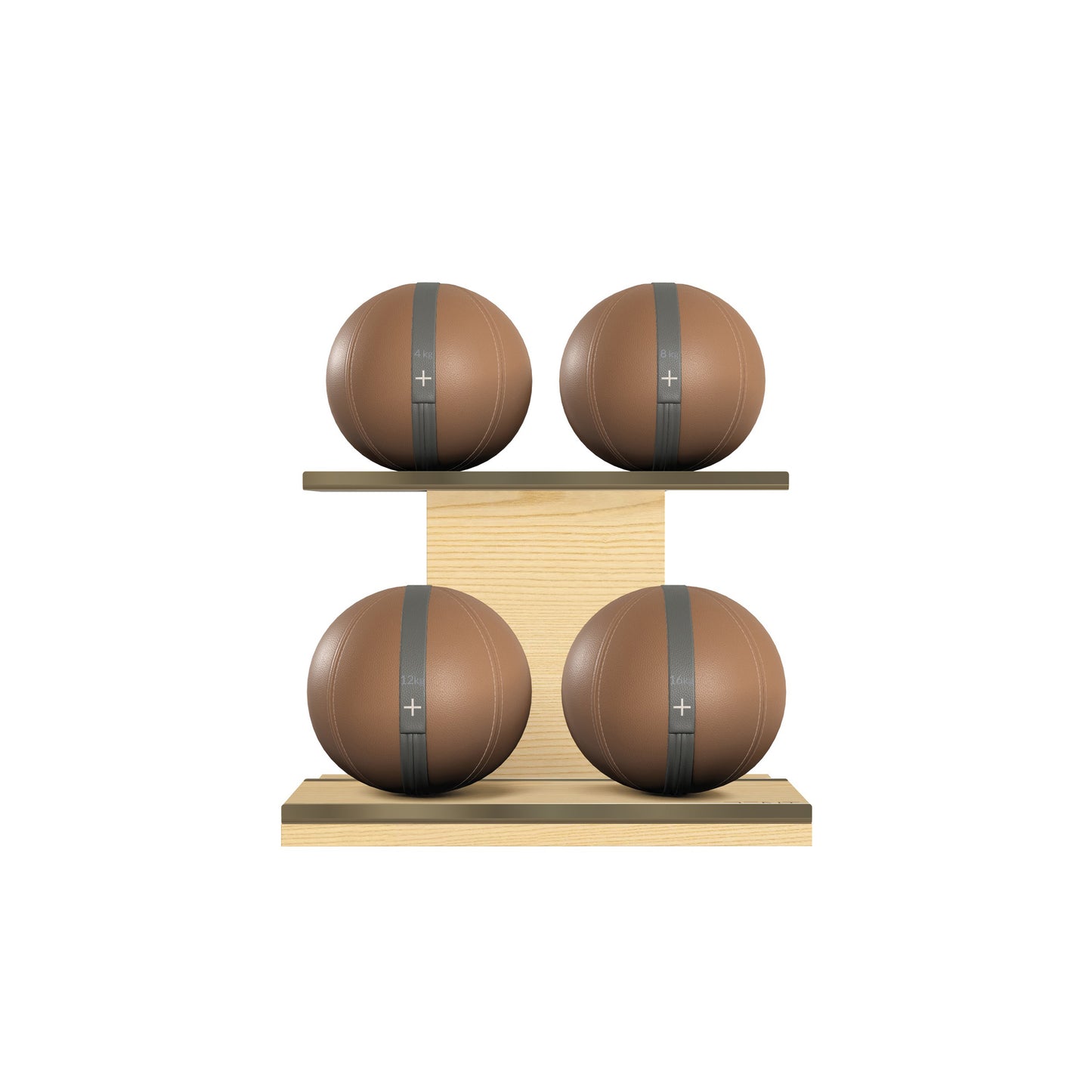 PENT. MOXA Light - in Gold - Set of 4 Medicine Balls on Horizontal Wooden Stand - 4, 8, 12, 16 KG