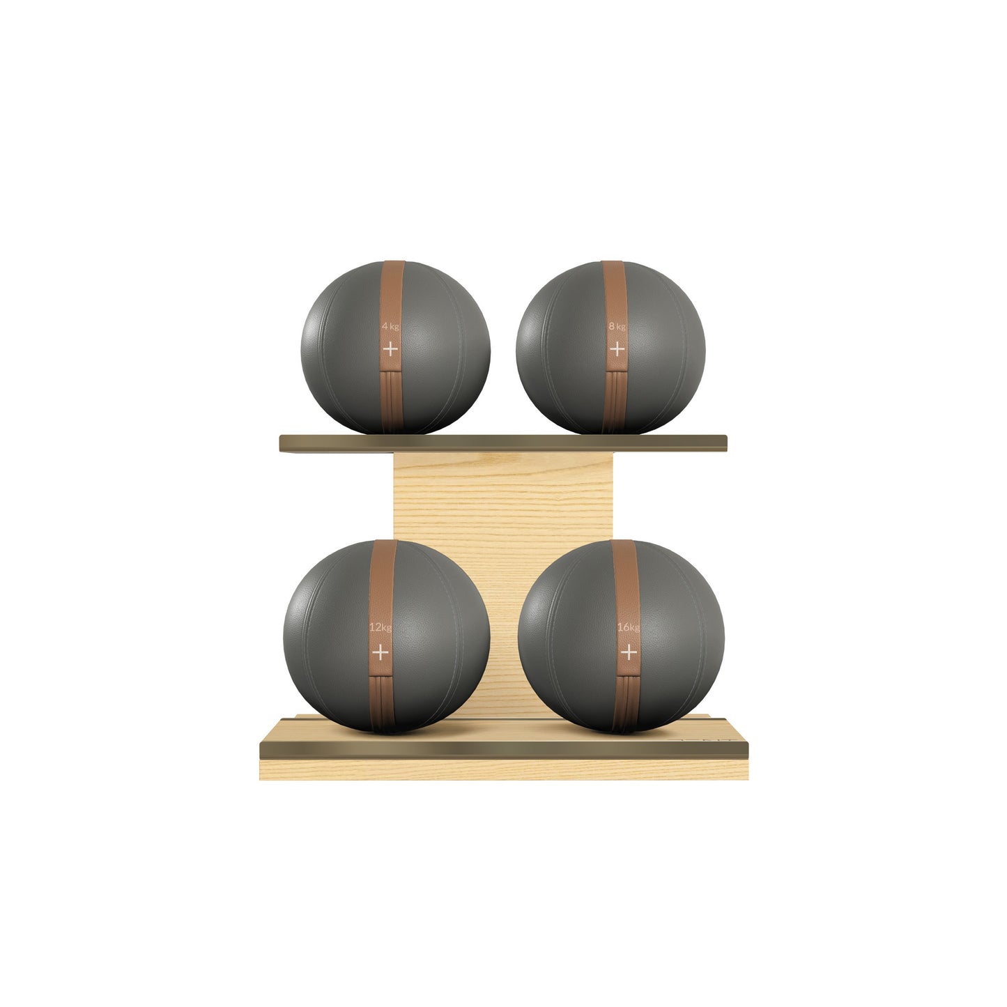 PENT. MOXA Light - in Gold - Set of 4 Medicine Balls on Horizontal Wooden Stand - 4, 8, 12, 16 KG