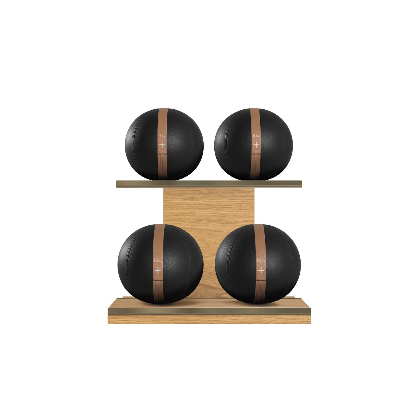 PENT. MOXA Light - in Gold - Set of 4 Medicine Balls on Horizontal Wooden Stand - 4, 8, 12, 16 KG