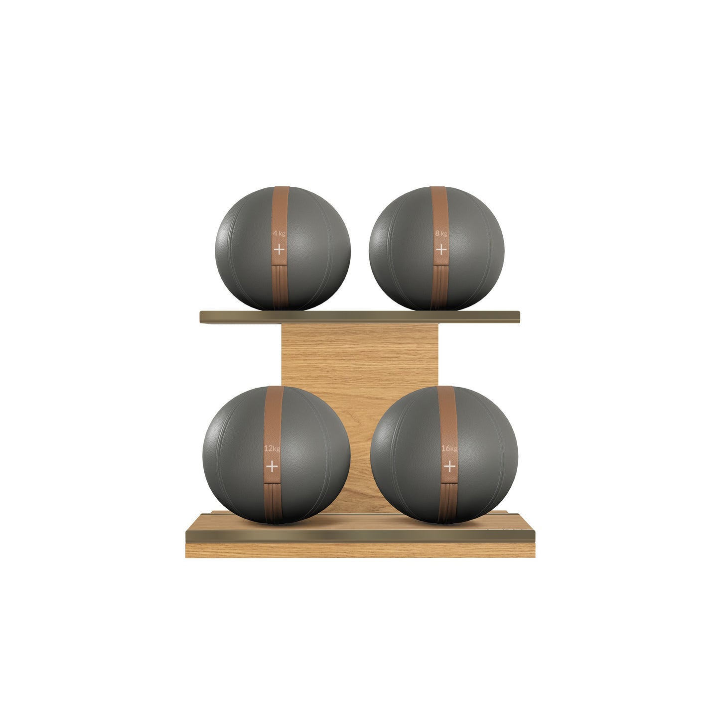 PENT. MOXA Light - in Gold - Set of 4 Medicine Balls on Horizontal Wooden Stand - 4, 8, 12, 16 KG