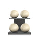 Luxury fitness equipment, 4 leather medicine ball on horizontal wooden stand, handcrafted with premium Italian beige base leather, beige accent leather and black ash wood. PENT. MOXA Set