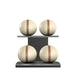 Luxury fitness equipment, 4 leather medicine ball on horizontal wooden stand, handcrafted with premium Italian beige base leather, brown accent leather and black ash wood. PENT. MOXA Set