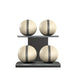 Luxury fitness equipment, 4 leather medicine ball on horizontal wooden stand, handcrafted with premium Italian beige base leather, grey accent leather and black ash wood. PENT. MOXA Set