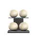 Luxury fitness equipment, 4 leather medicine ball on horizontal wooden stand, handcrafted with premium Italian beige base leather, white accent leather and black ash wood. PENT. MOXA Set