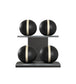 Luxury fitness equipment, 4 leather medicine ball on horizontal wooden stand, handcrafted with premium Italian black base leather, beige accent leather and black ash wood. PENT. MOXA Set