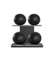 Luxury fitness equipment, 4 leather medicine ball on horizontal wooden stand, handcrafted with premium Italian black base leather, black accent leather and black ash wood. PENT. MOXA Set