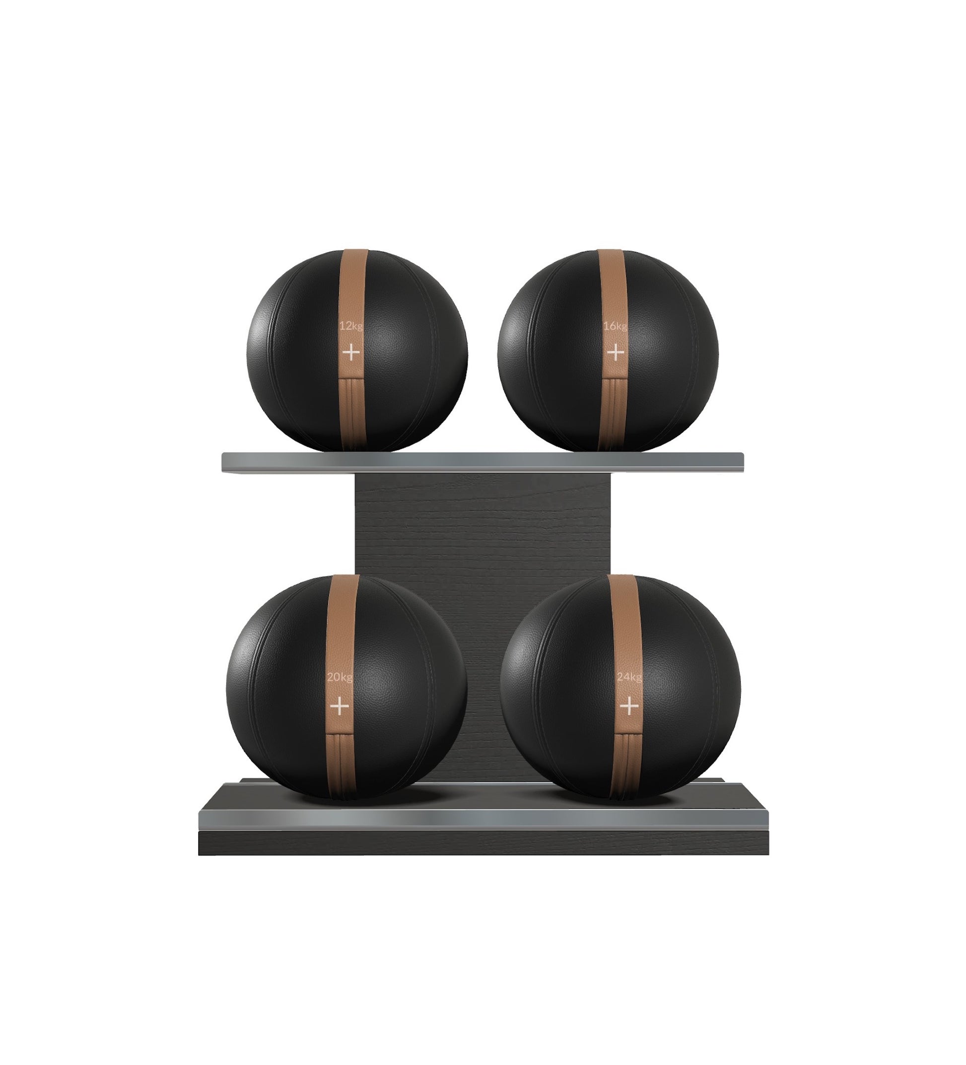 Luxury fitness equipment, 4 leather medicine ball on horizontal wooden stand, handcrafted with premium Italian black base leather, brown accent leather and black ash wood. PENT. MOXA Set