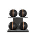 Luxury fitness equipment, 4 leather medicine ball on horizontal wooden stand, handcrafted with premium Italian black base leather, brown accent leather and black ash wood. PENT. MOXA Set