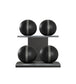 Luxury fitness equipment, 4 leather medicine ball on horizontal wooden stand, handcrafted with premium Italian black base leather, grey accent leather and black ash wood. PENT. MOXA Set