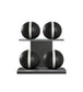 Luxury fitness equipment, 4 leather medicine ball on horizontal wooden stand, handcrafted with premium Italian black base leather, white accent leather and black ash wood. PENT. MOXA Set