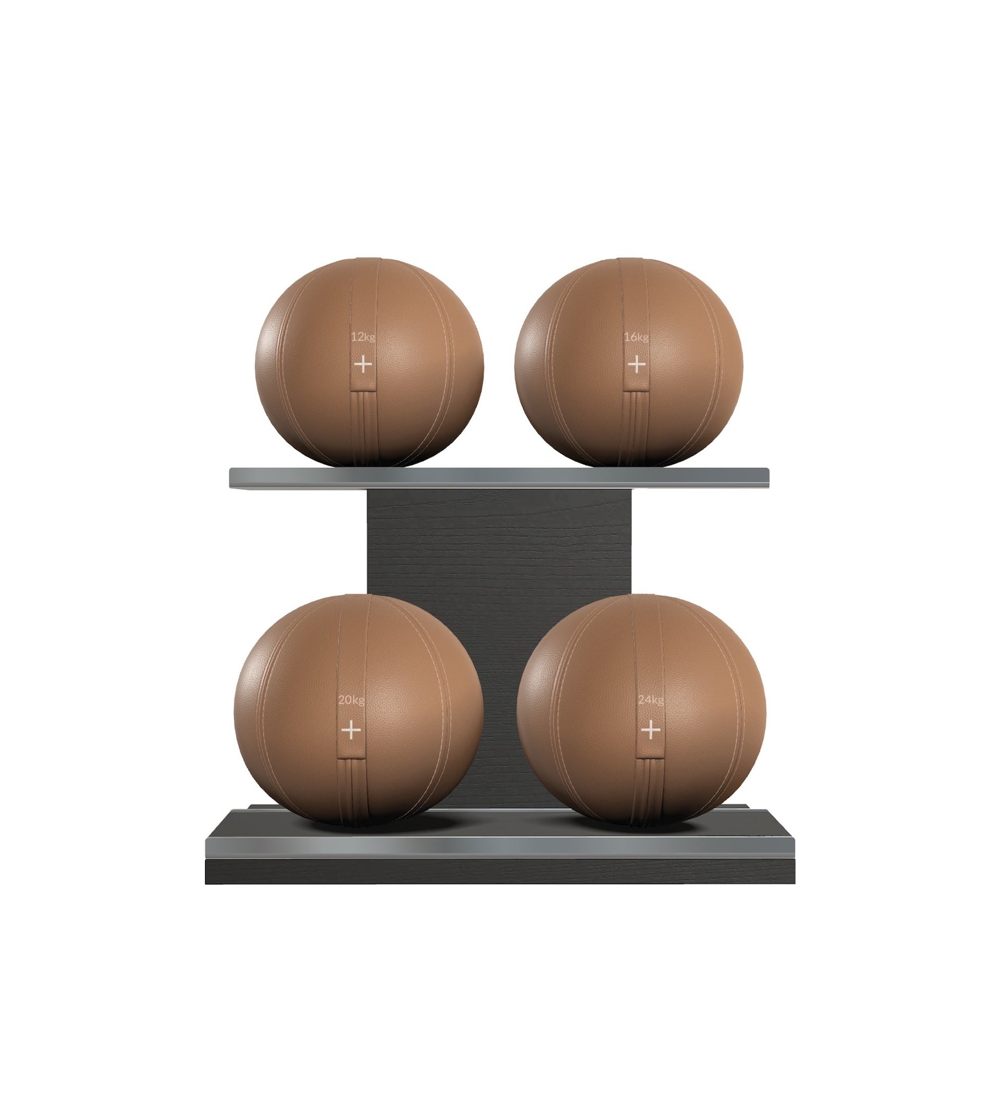 Luxury fitness equipment, 4 leather medicine ball on horizontal wooden stand, handcrafted with premium Italian brown base leather, brown accent leather and black ash wood. PENT. MOXA Set