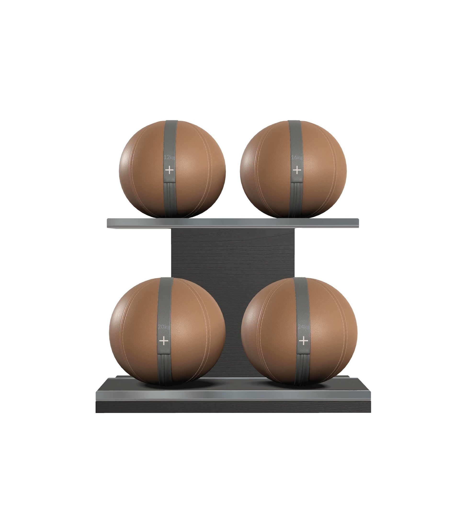 Luxury fitness equipment, 4 leather medicine ball on horizontal wooden stand, handcrafted with premium Italian brown base leather, grey accent leather and black ash wood. PENT. MOXA Set