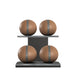 Luxury fitness equipment, 4 leather medicine ball on horizontal wooden stand, handcrafted with premium Italian brown base leather, grey accent leather and black ash wood. PENT. MOXA Set